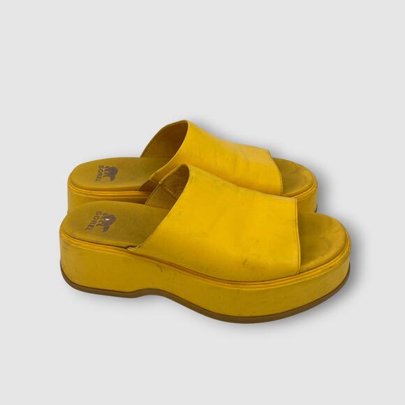 Sorel Yellow Leather Platform Slide Sandals Chunky 90s Y2K Mules Size 8.5 - Picture 2 of 8